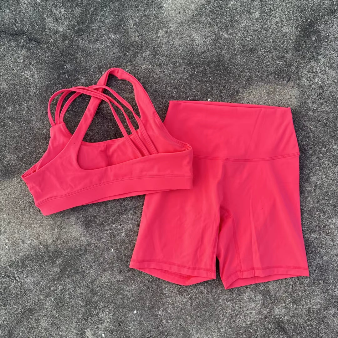 Solid Color High Waist Gym Yoga Short Legging Set Tight Women Cross Back High Impact Shoulder Strap Fitness Bra Top Sportwear