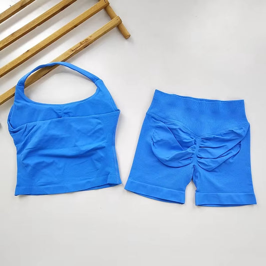 Yoga 2 Pieces Gym Set Women Backless Halter Tops High Waist Seamless Shorts Gym Suit Fitness Sports Bras Sportswear Workout Sets