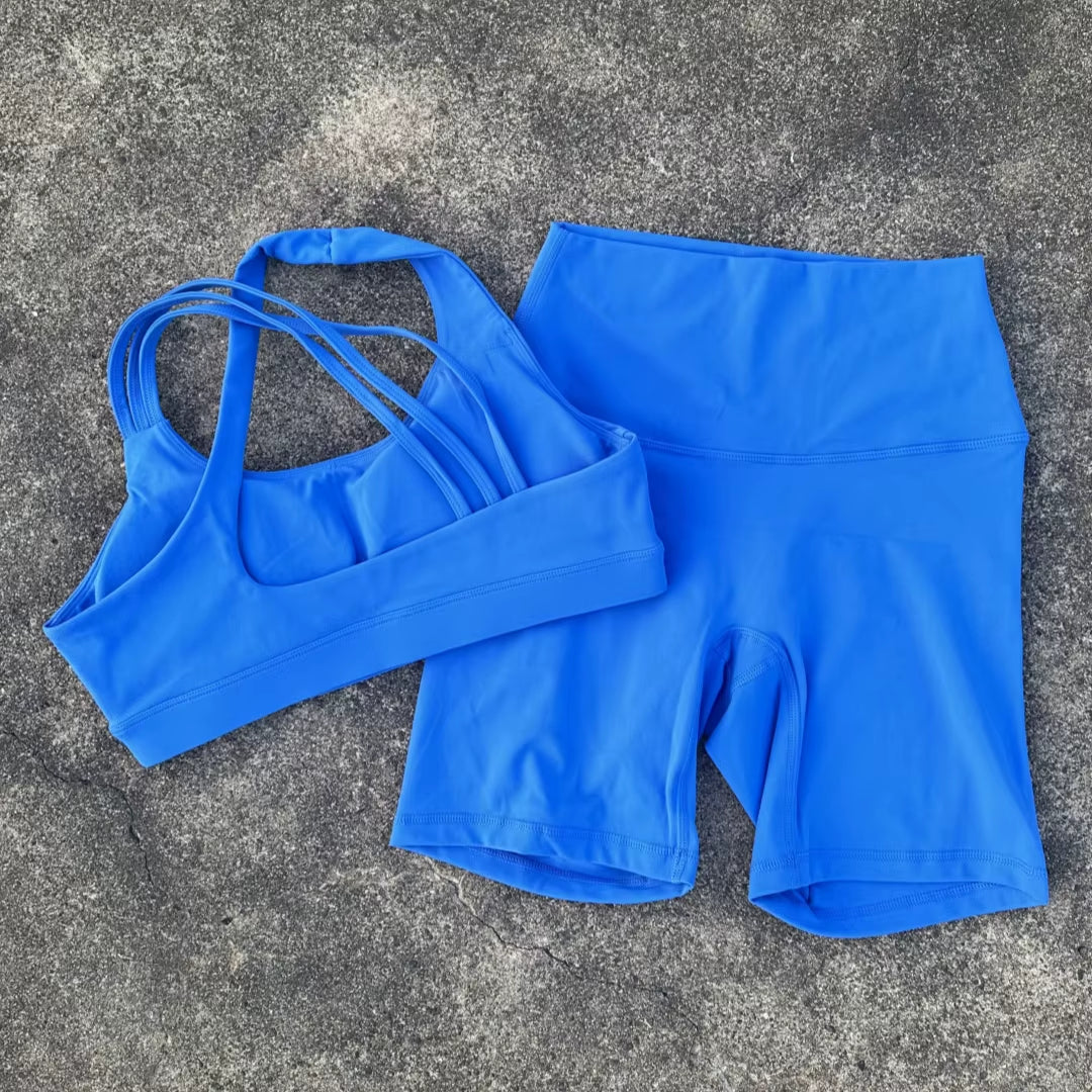 Solid Color High Waist Gym Yoga Short Legging Set Tight Women Cross Back High Impact Shoulder Strap Fitness Bra Top Sportwear
