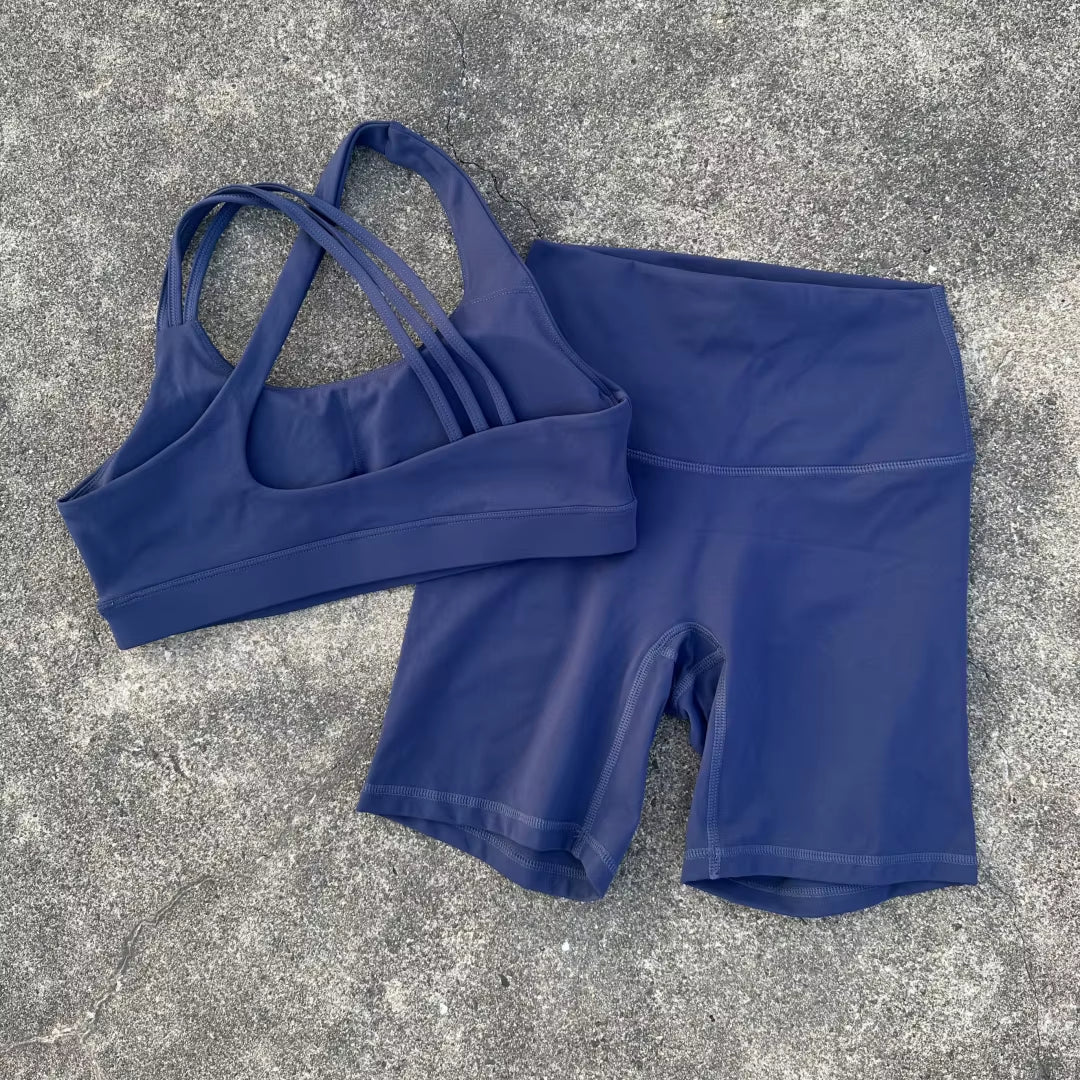 Solid Color High Waist Gym Yoga Short Legging Set Tight Women Cross Back High Impact Shoulder Strap Fitness Bra Top Sportwear