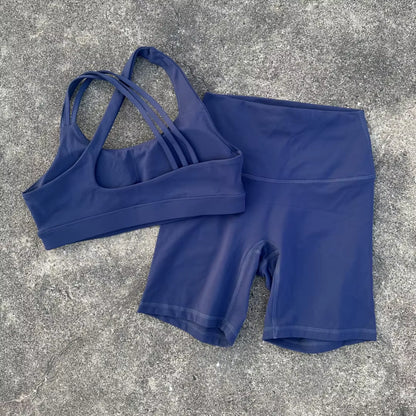 Solid Color High Waist Gym Yoga Short Legging Set Tight Women Cross Back High Impact Shoulder Strap Fitness Bra Top Sportwear