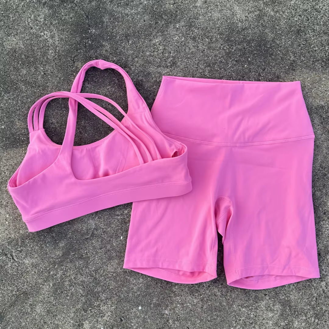 Solid Color High Waist Gym Yoga Short Legging Set Tight Women Cross Back High Impact Shoulder Strap Fitness Bra Top Sportwear