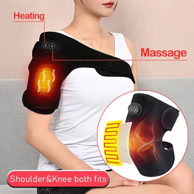 USB Electric Shoulder Brace Heated Knee Massager Vibration Massage Black Support Strap with Adjustable Three Levels of Heating