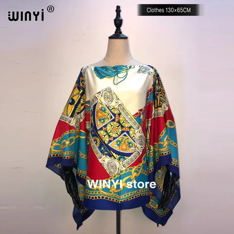 Fashion европейская одежда For Women Popular Thailand Summer Bohemian Printed Batwing Sleeve Silk kaftan Blouse For Night Party