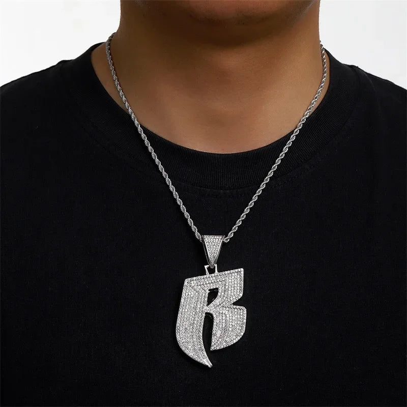 Hip Hop Full Crystal Letter R Pendant Necklace With 13mm Width Miami Cuban Chain Choker Fit Men Women Ruff Ryders Jewelry