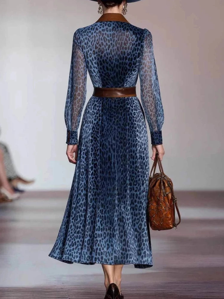 Elegantes Damenkleid im Retro-Stil mit Umlegekragen und Leopardenmuster, langes, einreihiges Western-Cowboy-Kleid mit langen Ärmeln für den Herbst