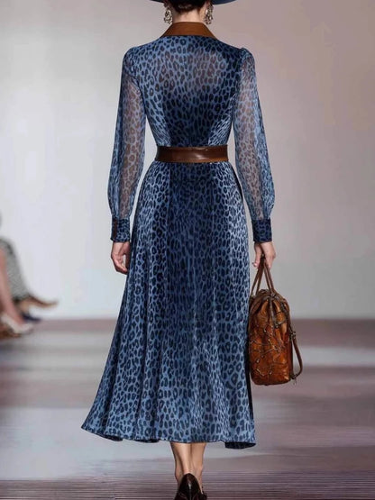 Elegantes Damenkleid im Retro-Stil mit Umlegekragen und Leopardenmuster, langes, einreihiges Western-Cowboy-Kleid mit langen Ärmeln für den Herbst