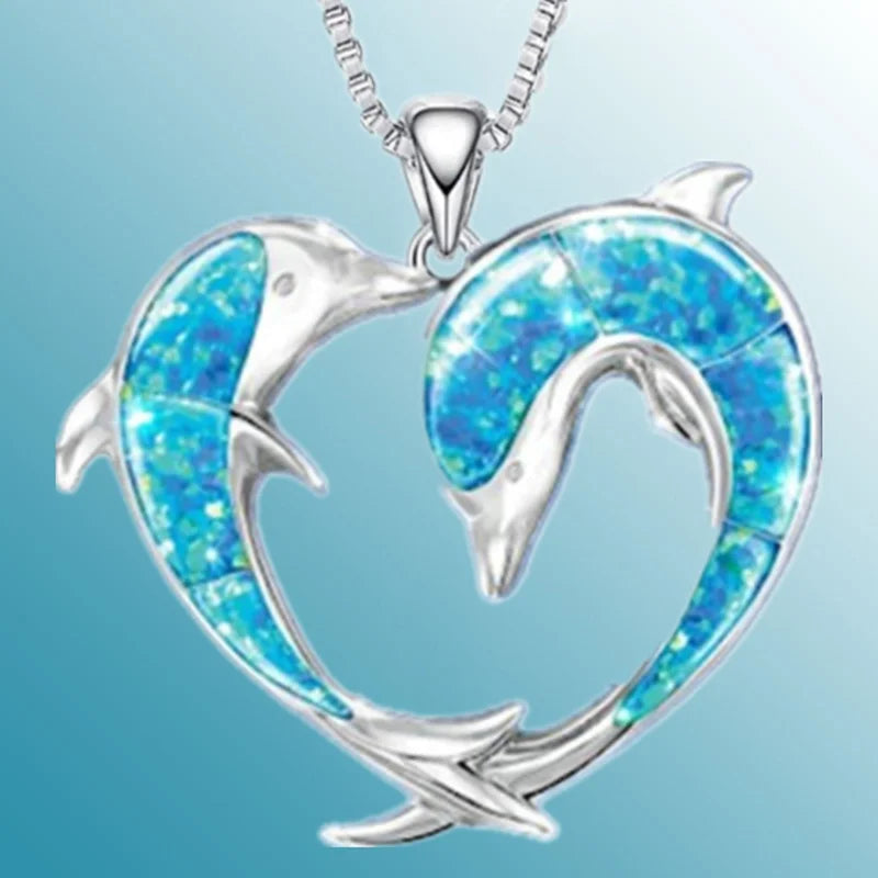 Creative Stainless Steel Dolphin Pendant Opal Animal Dolphin Necklace Engagement Necklace for Women Animal Jewelry Birthday Gift