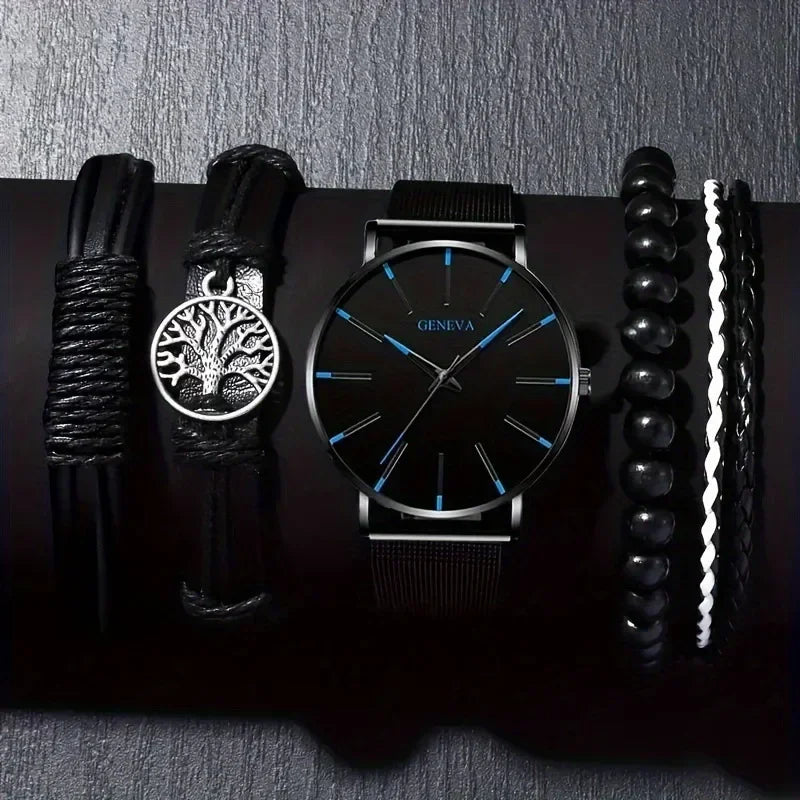 Fashion Men's Quartz Watch Set, Business Casual Timepiece with Beaded Cuff, Alloy Case & Scratch-Resistant Glass