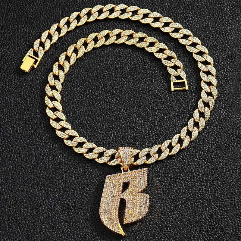 Hip Hop Full Crystal Letter R Pendant Necklace With 13mm Width Miami Cuban Chain Choker Fit Men Women Ruff Ryders Jewelry