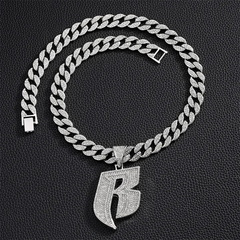 Hip Hop Full Crystal Letter R Pendant Necklace With 13mm Width Miami Cuban Chain Choker Fit Men Women Ruff Ryders Jewelry