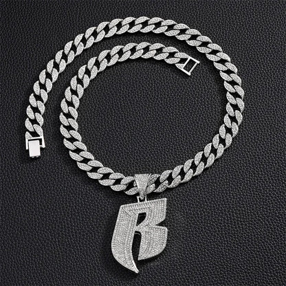 Hip Hop Full Crystal Letter R Pendant Necklace With 13mm Width Miami Cuban Chain Choker Fit Men Women Ruff Ryders Jewelry