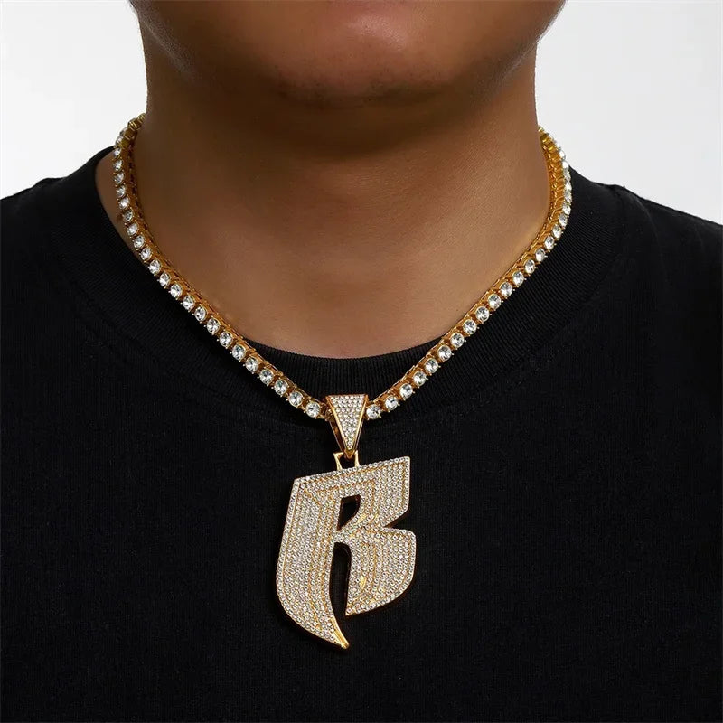 Hip Hop Full Crystal Letter R Pendant Necklace With 13mm Width Miami Cuban Chain Choker Fit Men Women Ruff Ryders Jewelry