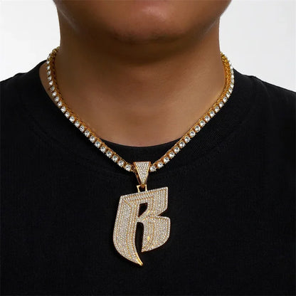 Hip Hop Full Crystal Letter R Pendant Necklace With 13mm Width Miami Cuban Chain Choker Fit Men Women Ruff Ryders Jewelry