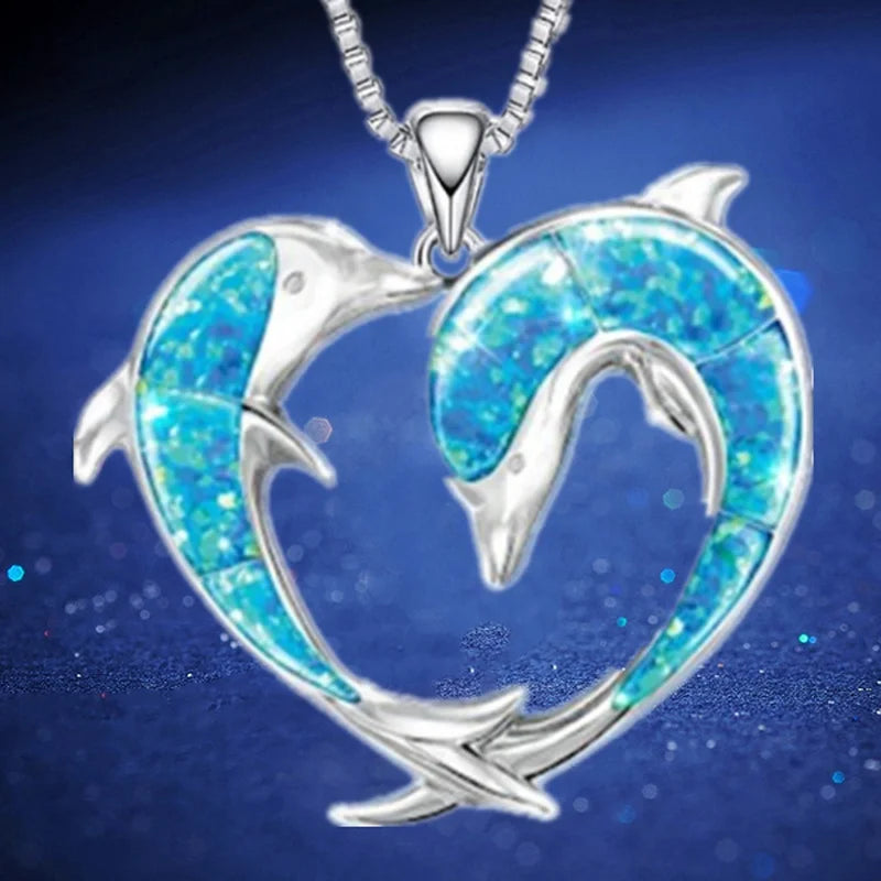 Creative Stainless Steel Dolphin Pendant Opal Animal Dolphin Necklace Engagement Necklace for Women Animal Jewelry Birthday Gift