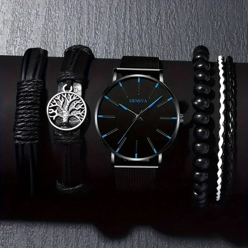 Fashion Men's Quartz Watch Set, Business Casual Timepiece with Beaded Cuff, Alloy Case & Scratch-Resistant Glass