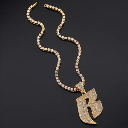 Hip Hop Full Crystal Letter R Pendant Necklace With 13mm Width Miami Cuban Chain Choker Fit Men Women Ruff Ryders Jewelry