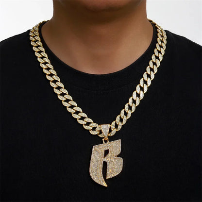 Hip Hop Full Crystal Letter R Pendant Necklace With 13mm Width Miami Cuban Chain Choker Fit Men Women Ruff Ryders Jewelry