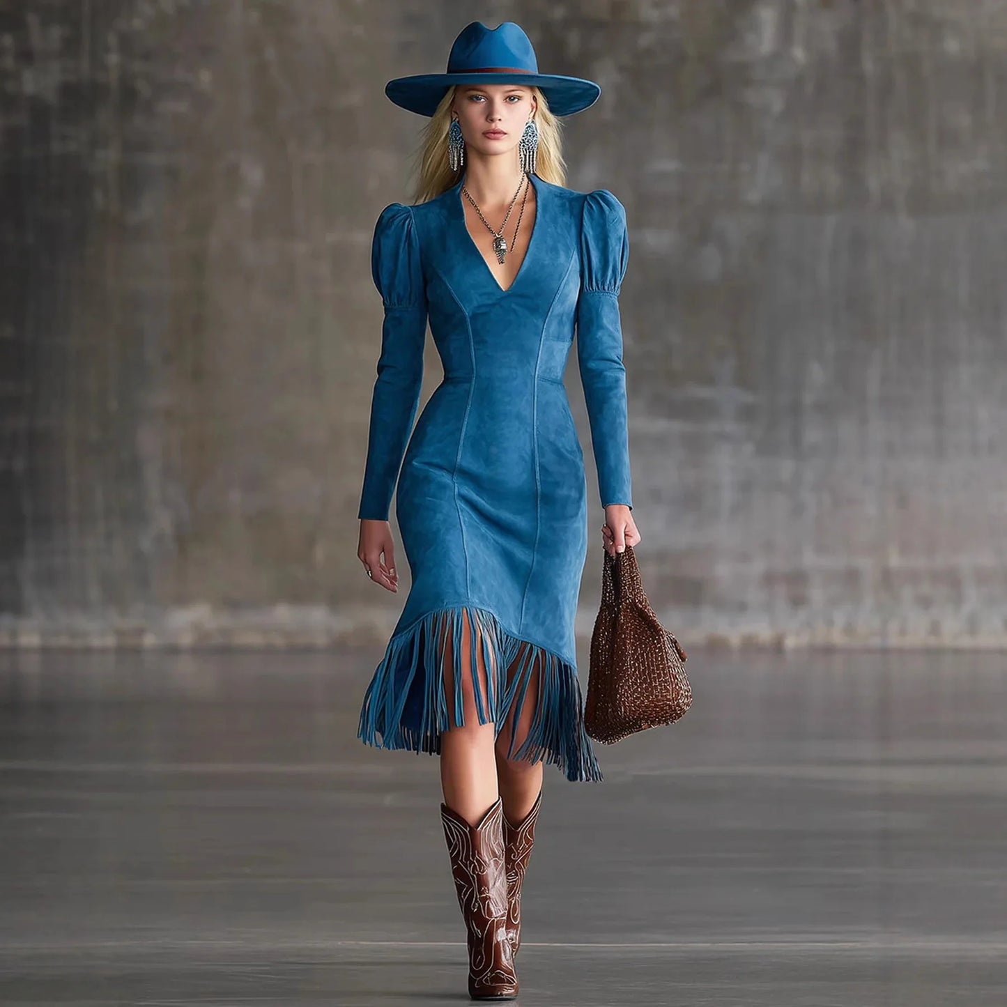 Western Retro Tassel Dresses for Women Sexy V-neck Puff Sleeve Slim Hips Dress Long Sleeve Mini Dress 2026 Ladies Dress