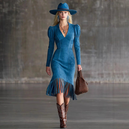 Western Retro Tassel Dresses for Women Sexy V-neck Puff Sleeve Slim Hips Dress Long Sleeve Mini Dress 2026 Ladies Dress