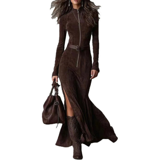 Women's Western Shirt Dress Ruched Wrap Maxi Dress High Slit Ruffle Hem Long Sleeve Flowy Chic Elegant Outing Dress