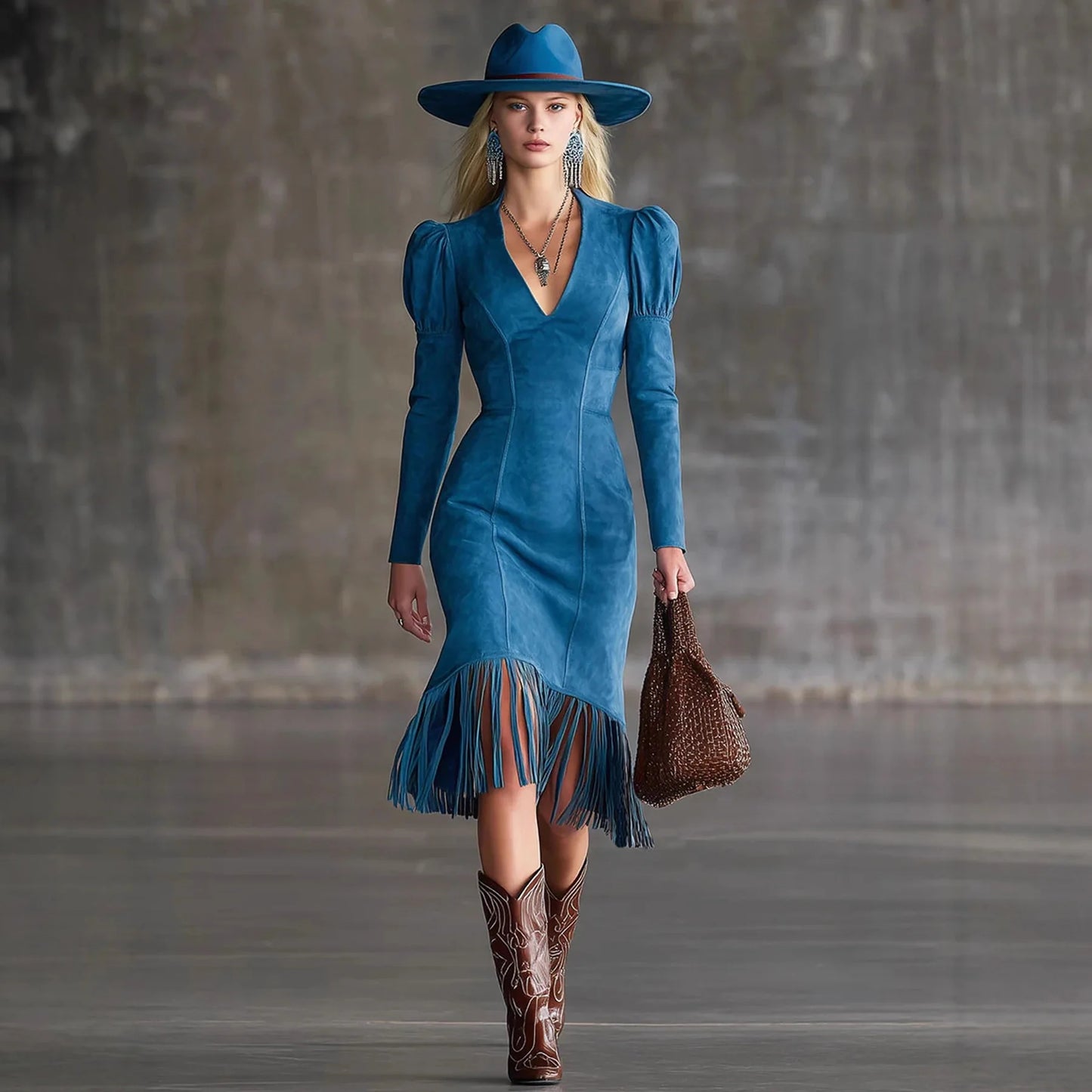 Western Retro Tassel Dresses for Women Sexy V-neck Puff Sleeve Slim Hips Dress Long Sleeve Mini Dress 2026 Ladies Dress