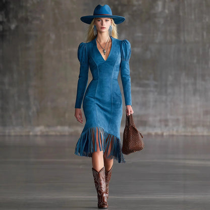 Western Retro Tassel Dresses for Women Sexy V-neck Puff Sleeve Slim Hips Dress Long Sleeve Mini Dress 2026 Ladies Dress