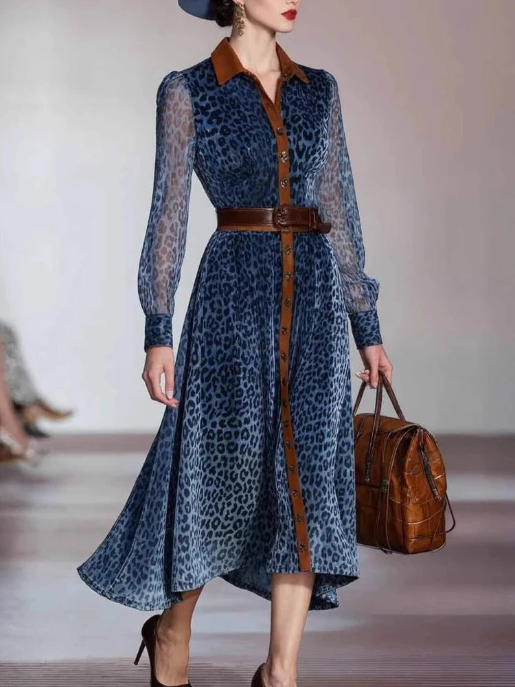 Elegantes Damenkleid im Retro-Stil mit Umlegekragen und Leopardenmuster, langes, einreihiges Western-Cowboy-Kleid mit langen Ärmeln für den Herbst