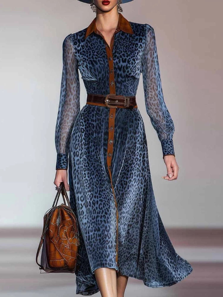 Elegantes Damenkleid im Retro-Stil mit Umlegekragen und Leopardenmuster, langes, einreihiges Western-Cowboy-Kleid mit langen Ärmeln für den Herbst