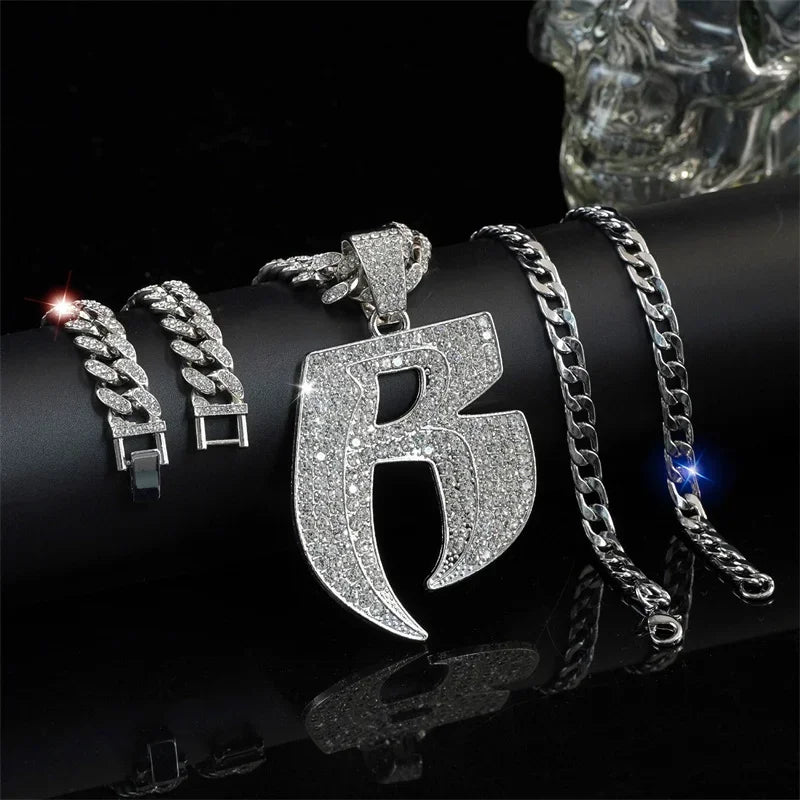 Hip Hop Full Crystal Letter R Pendant Necklace With 13mm Width Miami Cuban Chain Choker Fit Men Women Ruff Ryders Jewelry