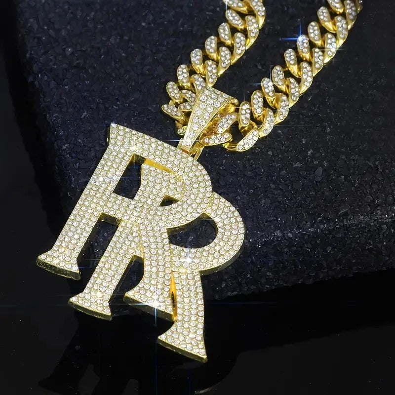 Hip Hop Full Crystal Letter R Pendant Necklace With 13mm Width Miami Cuban Chain Choker Fit Men Women Ruff Ryders Jewelry