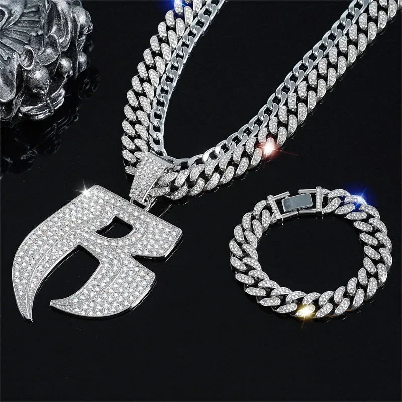 Hip Hop Full Crystal Letter R Pendant Necklace With 13mm Width Miami Cuban Chain Choker Fit Men Women Ruff Ryders Jewelry