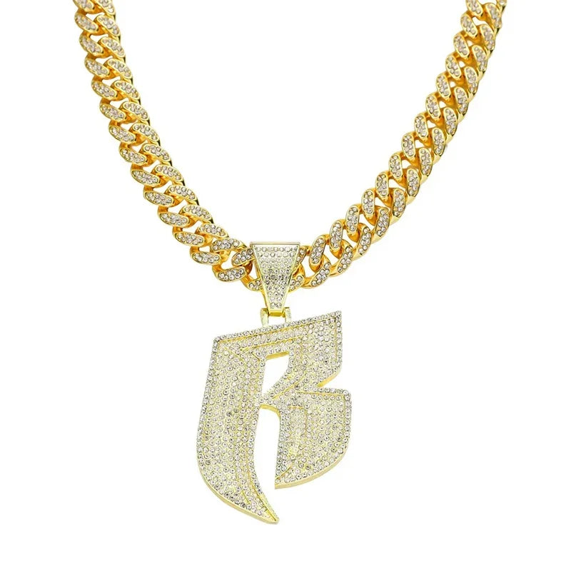 Hip Hop Full Crystal Letter R Pendant Necklace With 13mm Width Miami Cuban Chain Choker Fit Men Women Ruff Ryders Jewelry