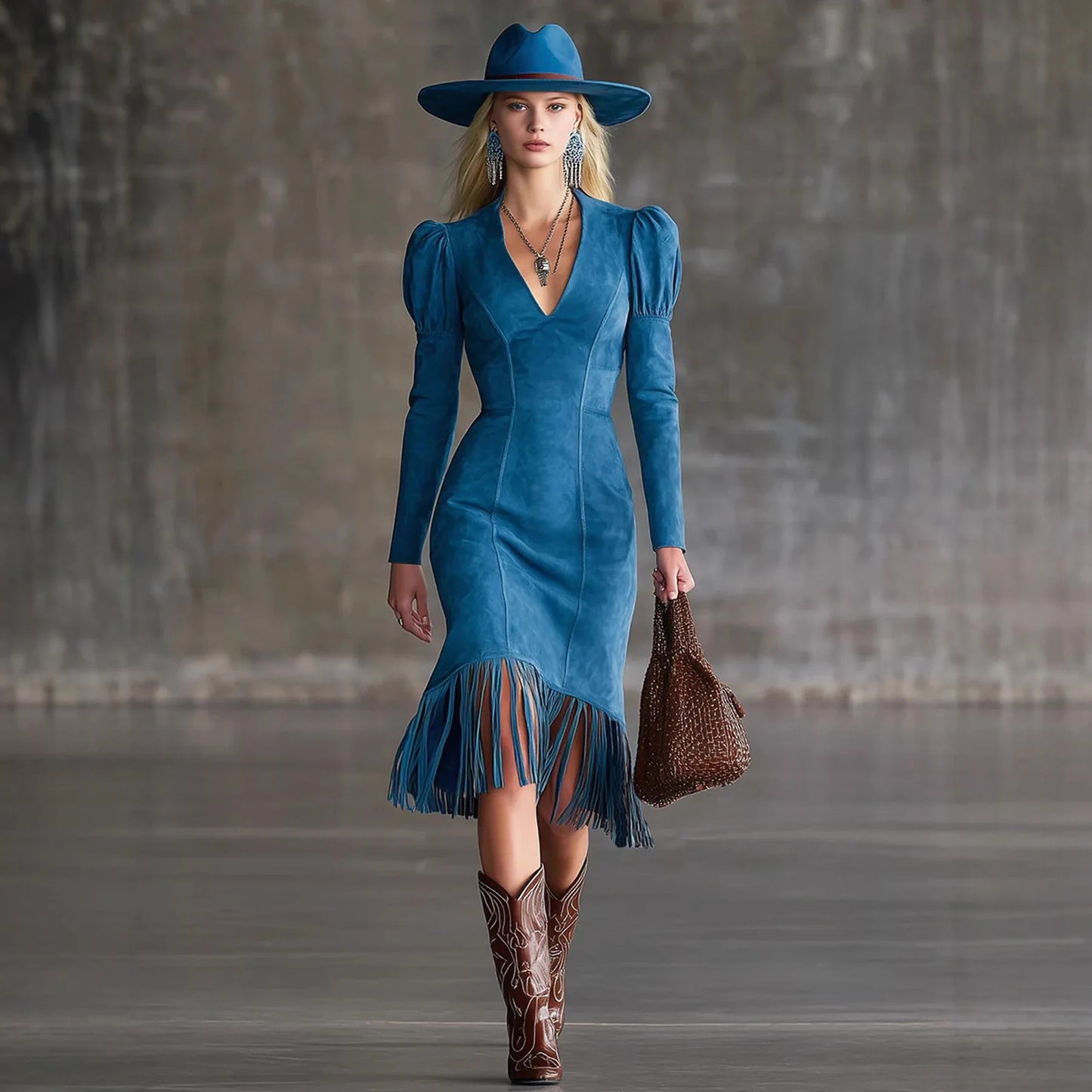 Western Retro Tassel Dresses for Women Sexy V-neck Puff Sleeve Slim Hips Dress Long Sleeve Mini Dress 2026 Ladies Dress