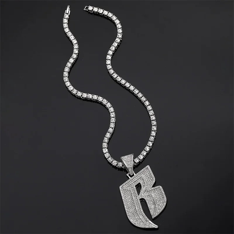 Hip Hop Full Crystal Letter R Pendant Necklace With 13mm Width Miami Cuban Chain Choker Fit Men Women Ruff Ryders Jewelry