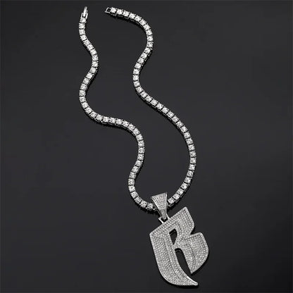 Hip Hop Full Crystal Letter R Pendant Necklace With 13mm Width Miami Cuban Chain Choker Fit Men Women Ruff Ryders Jewelry