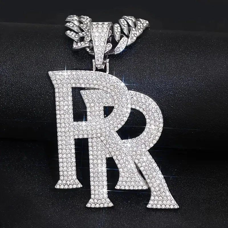 Hip Hop Full Crystal Letter R Pendant Necklace With 13mm Width Miami Cuban Chain Choker Fit Men Women Ruff Ryders Jewelry