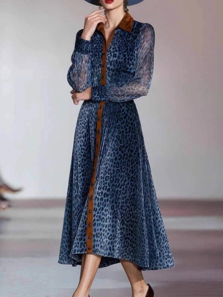 Elegantes Damenkleid im Retro-Stil mit Umlegekragen und Leopardenmuster, langes, einreihiges Western-Cowboy-Kleid mit langen Ärmeln für den Herbst